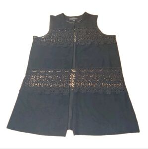 Rockabilly Suede Feel Long Vest Jacket Woman Plus 1X Black Floral Crochet Biker